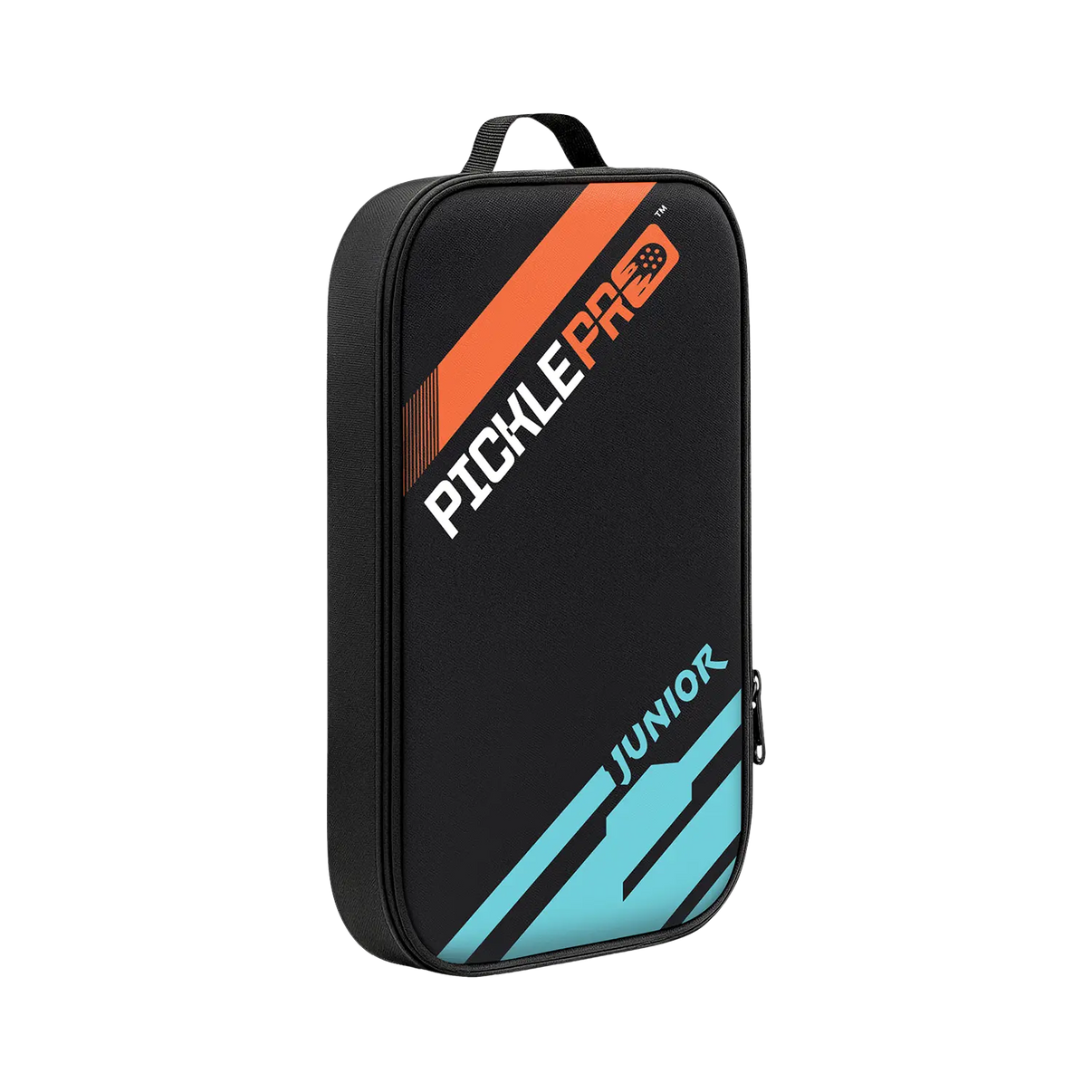 Black pickleball paddle case with orange and blue accents on a white background