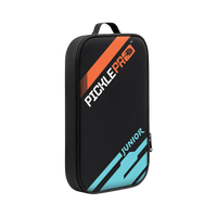 Black pickleball paddle case with orange and blue accents on a white background