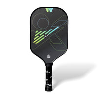 PKLE Levante Gen 3 Pro carbon fiber pickleball paddle with black face and green-blue graphics, USA Pickleball approved design
