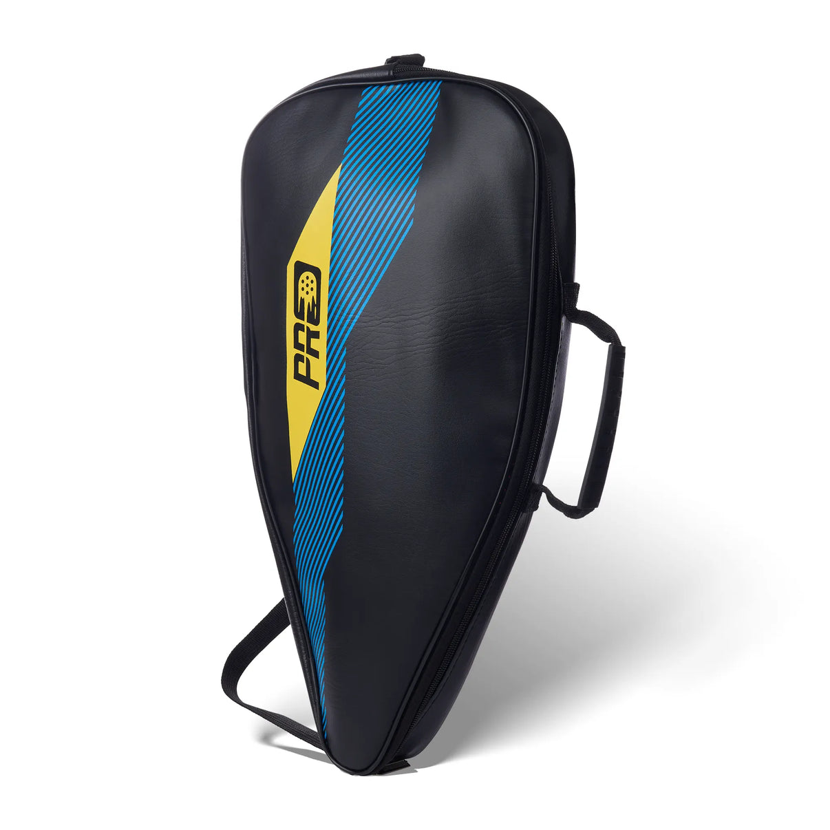     PicklePro Duo pickleball paddle cover angled view in black with blue and yellow graphics, premium paddle case for pickleball paddle protection and storage