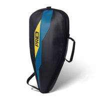     PicklePro Duo pickleball paddle cover angled view in black with blue and yellow graphics, premium paddle case for pickleball paddle protection and storage