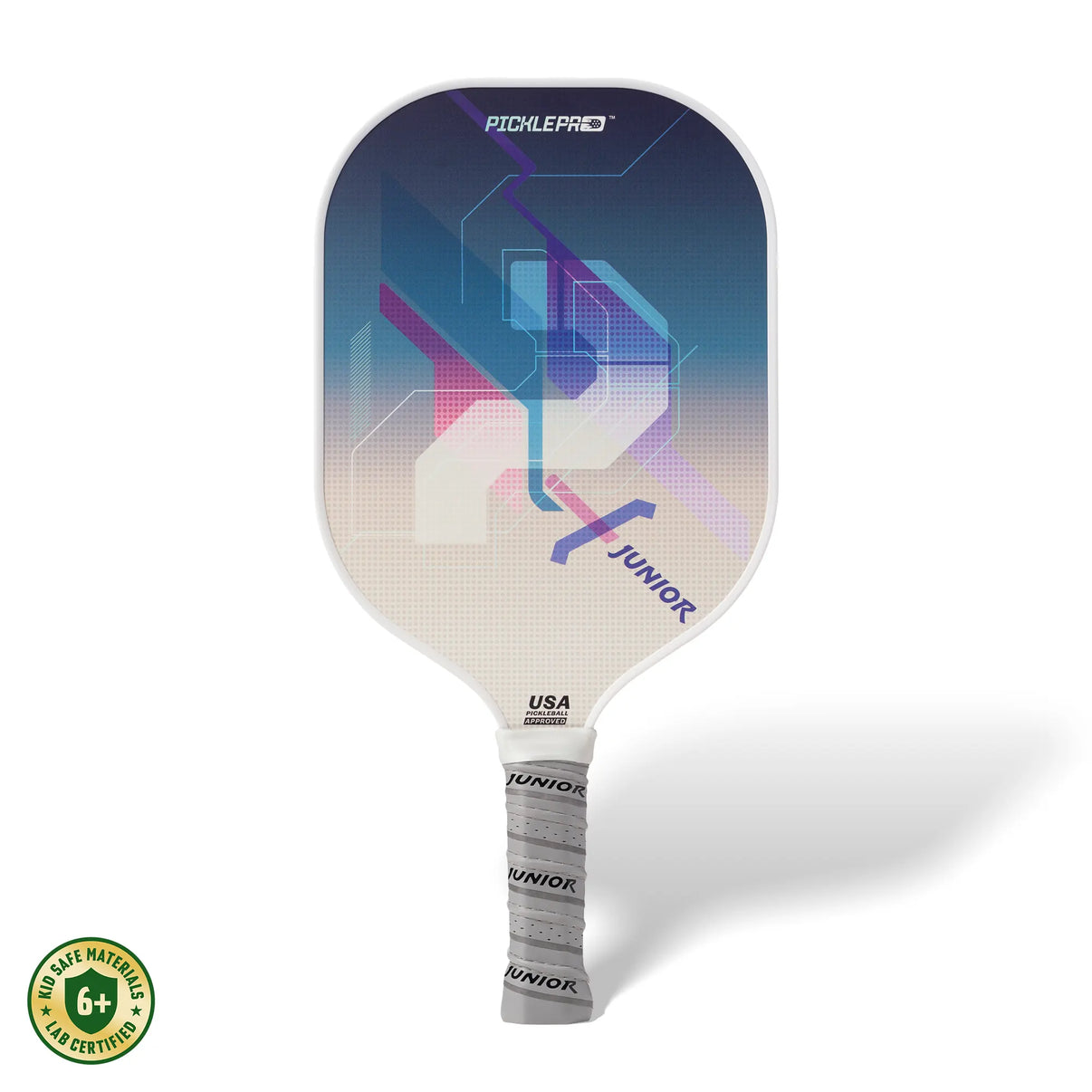 PicklePro Junior Malibu junior pickleball paddle with white face, purple-blue graphics, and kid-safe materials lab certified badge