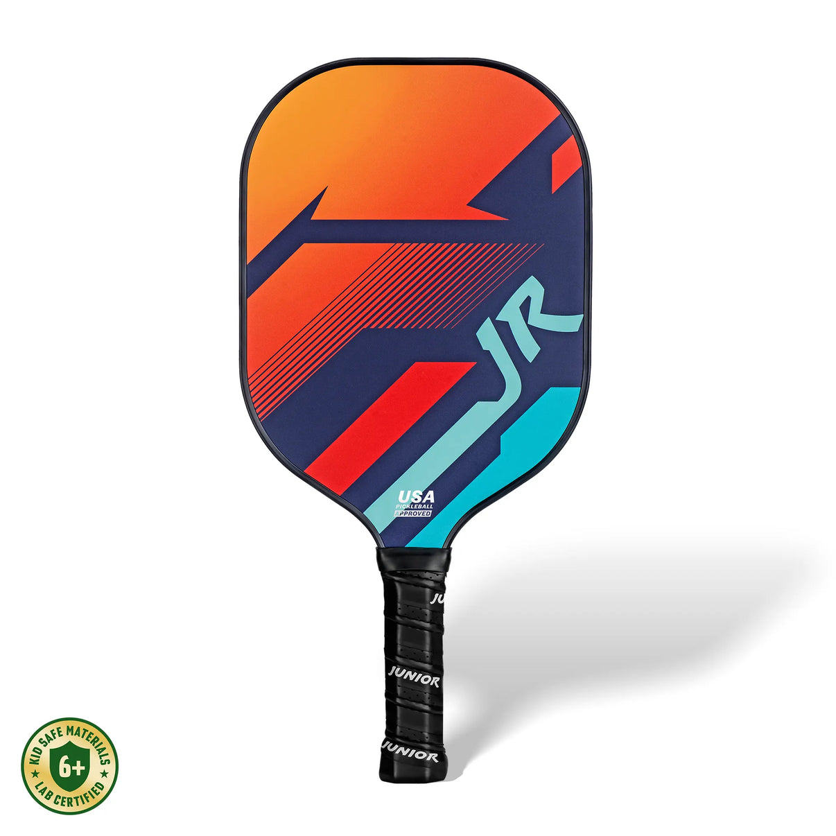 Front view of PicklePro Junior Miami junior pickleball paddle with orange, navy, and teal graphic design