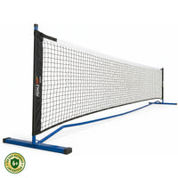 PicklePro Junior portable pickleball net set with blue steel frame and kid-safe materials lab certified badge