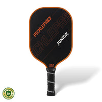 PicklePro Junior Phoenix junior pickleball paddle with black face, orange edge guard, and kid-safe materials lab certified badge