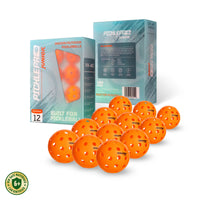    PicklePro Junior VX-40 indoor outdoor pickleball balls 12-pack with front and back box view, four bright orange balls, molded construction, and kid-safe materials lab certified badge