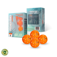     PicklePro Junior VX-40 indoor outdoor pickleball balls 4-pack with front and back box view, four bright orange balls, molded construction, and kid-safe materials lab certified badge