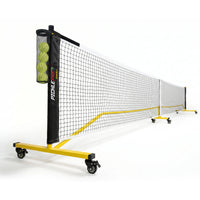 PicklePro Max 22 ft portable pickleball net with yellow steel frame, wheels, and attached ball holder