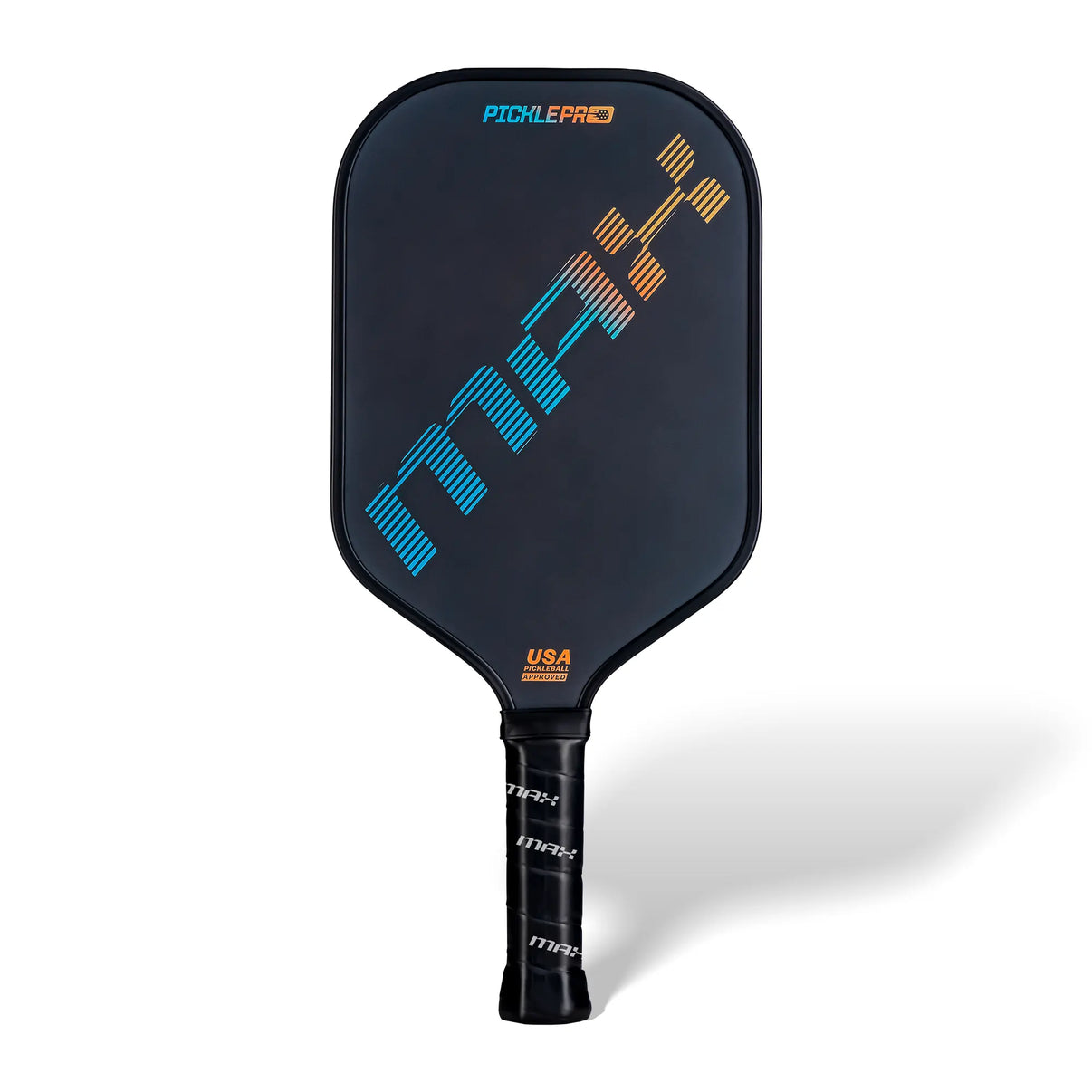 PicklePro Max Berlin carbon fiber pickleball paddle with black face and blue-orange graphic on white background