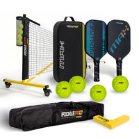 PicklePro Max pickleball set with portable net, 2 paddles, 4 balls, paddle case, carry bag, and court markers