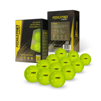     PicklePro Max V-40 rotational outdoor pickleball balls 12-pack with front and back box view and fluorescent green 40-hole balls