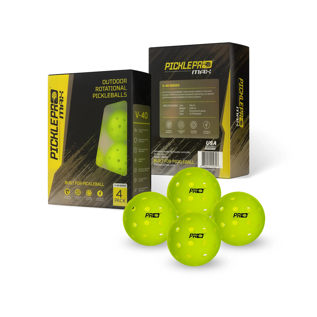     PicklePro Max V-40 rotational outdoor pickleball balls 4-pack with front and back box view and fluorescent green 40-hole balls