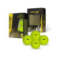     PicklePro Max V-40 rotational outdoor pickleball balls 4-pack with front and back box view and fluorescent green 40-hole balls