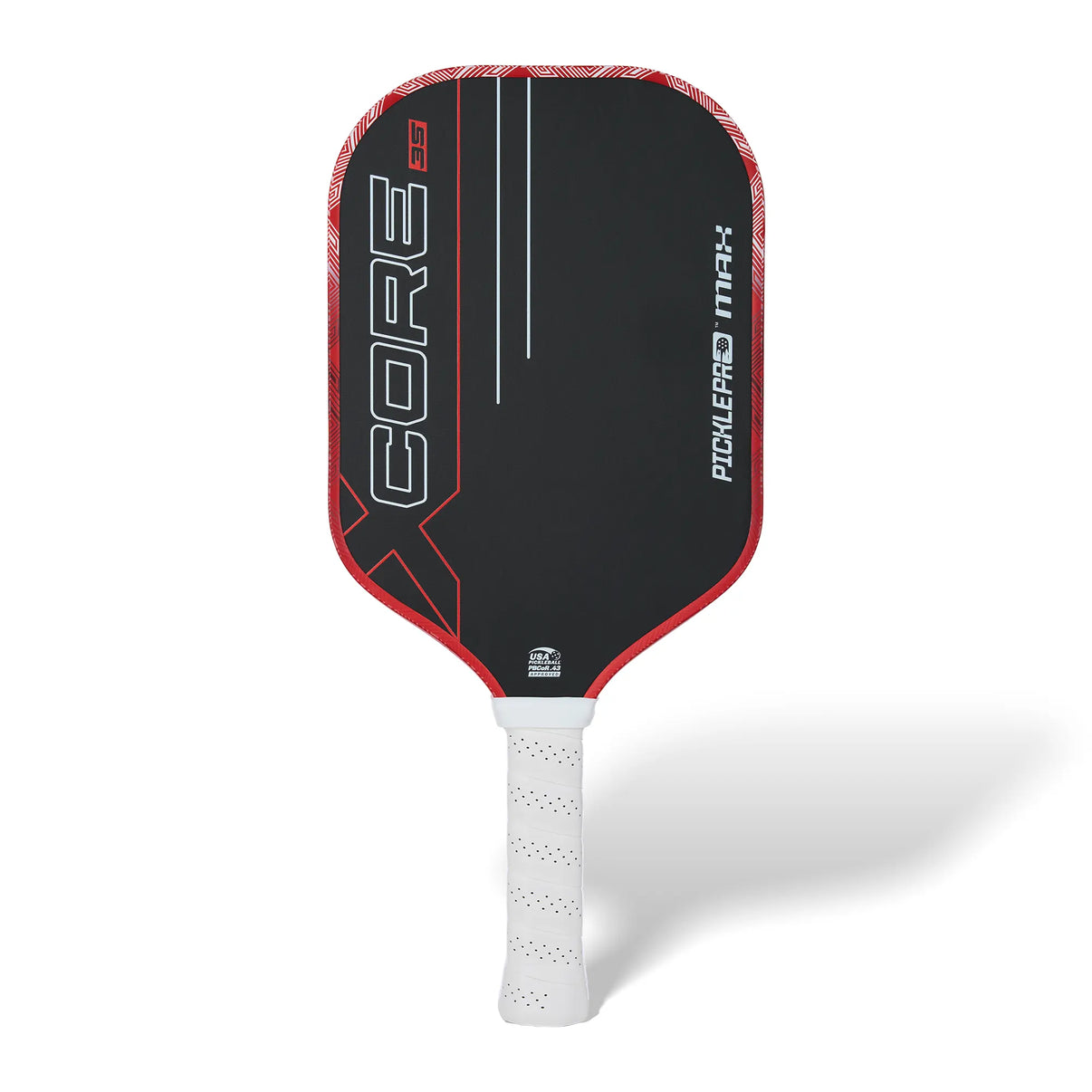 PicklePro Max X Core 3S pickleball paddle front view with full carbon fiber face, red edge guard, CFS textured surface, and ergonomic moisture-wicking grip