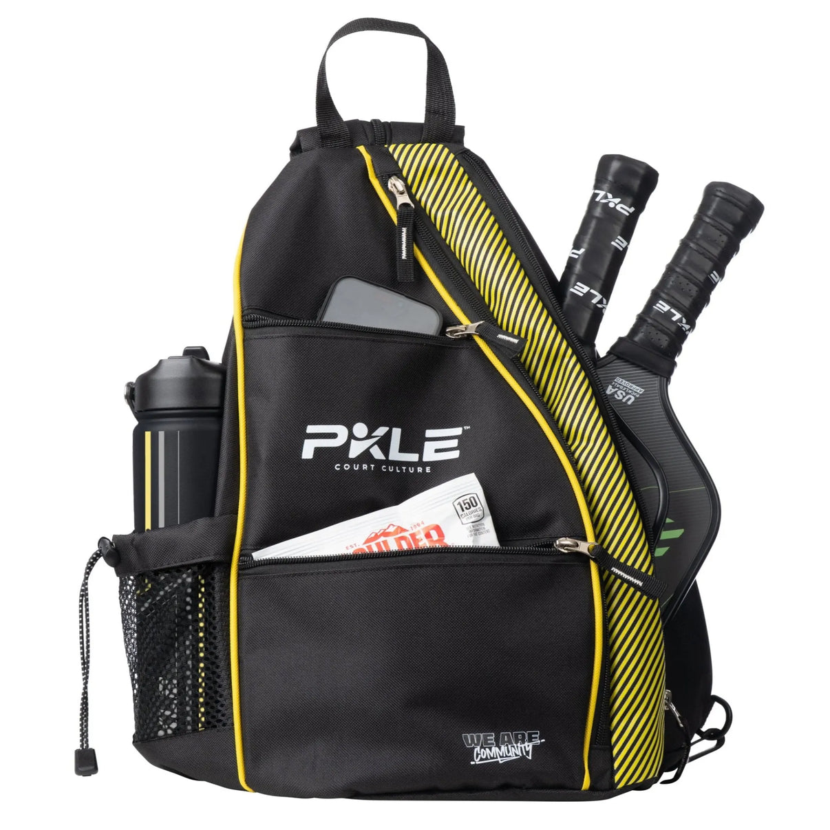 PKLE Duo weather-resistant pickleball backpack with thermal water bottle, fits 3 paddles, cell phone, keys and towel
