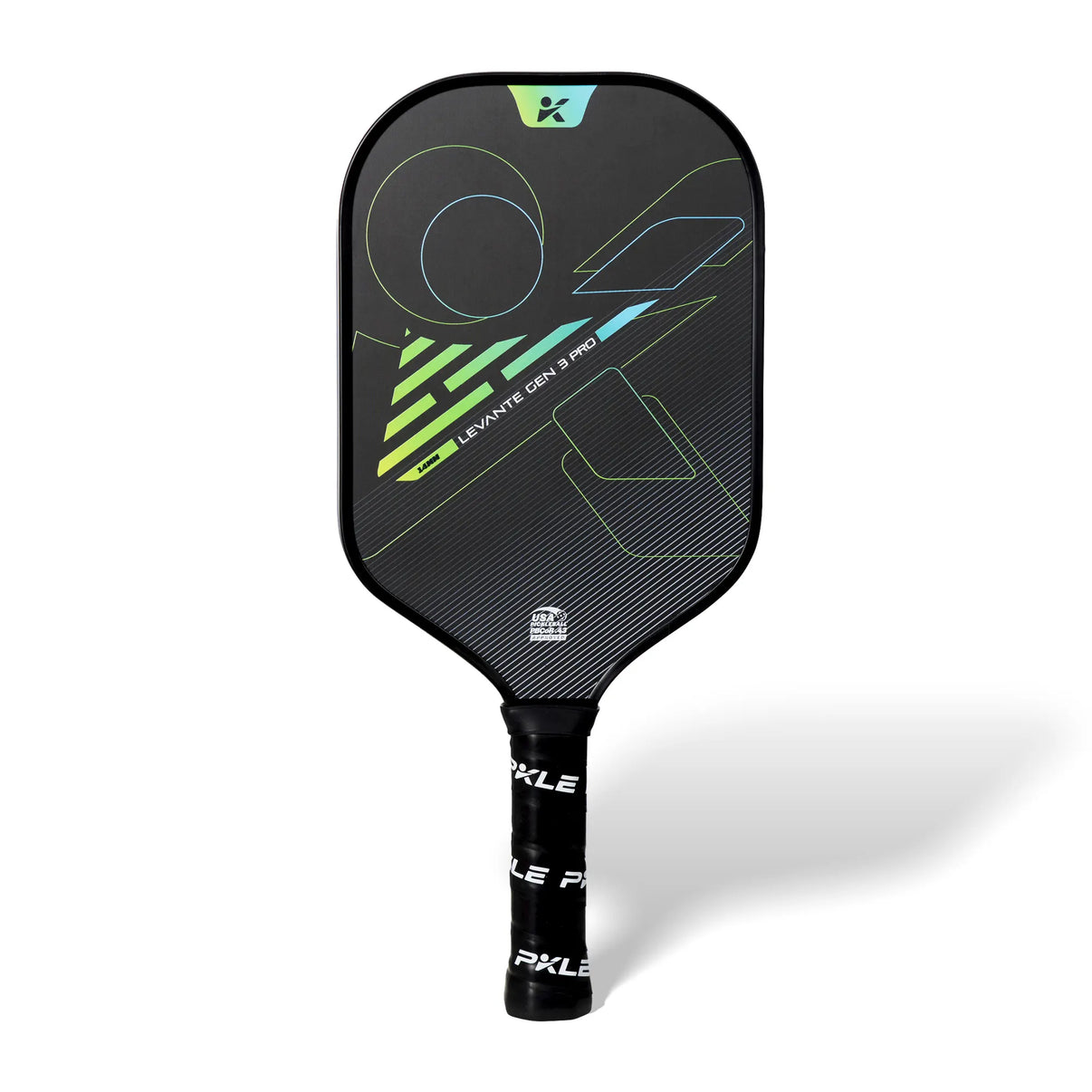 PKLE Levante Gen 3 Pro 14mm carbon fiber pickleball paddle with black face, green-blue graphics, and USAP approved design